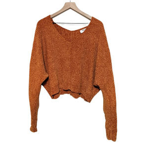 Double Zero S Copper Orange Long Sleeve Crop Chenille Sweater V Neck Chunky Knit